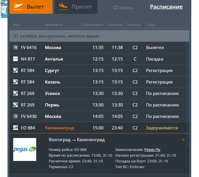 Рейс из Волгограда в Калининград задерживается почти на 9 часов